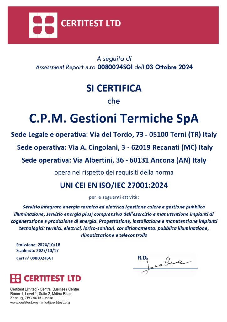 Certificazione UNI CEI EN ISO/IEC 27001:2024 Certificato CERTITEST