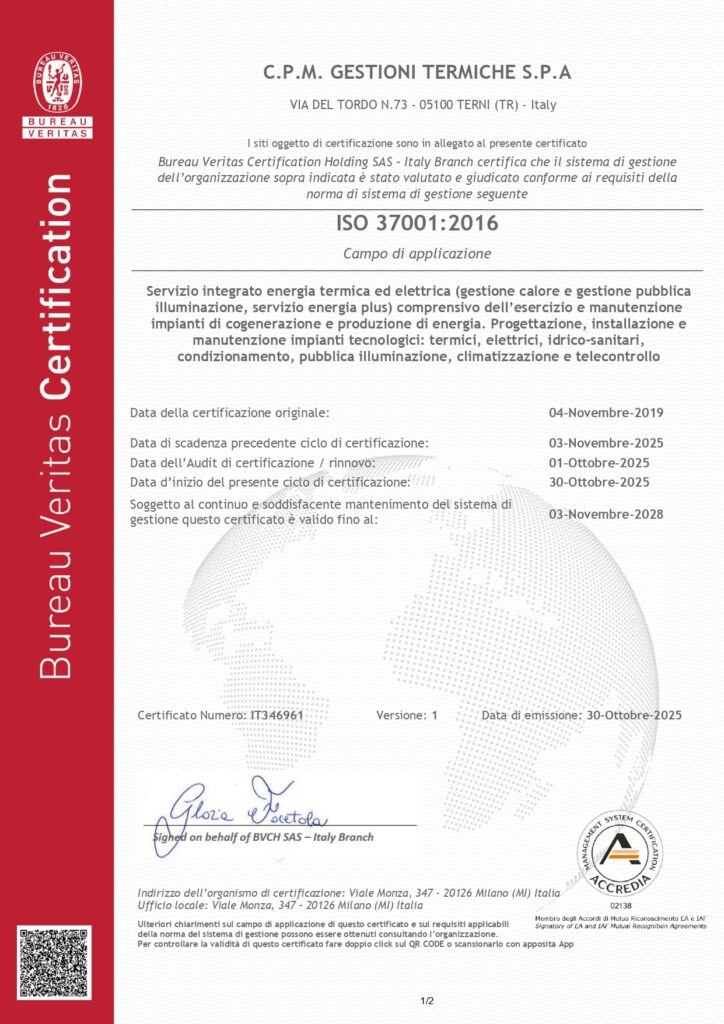 Certificazione ISO 37001 Certificato BUREAU VERITAS