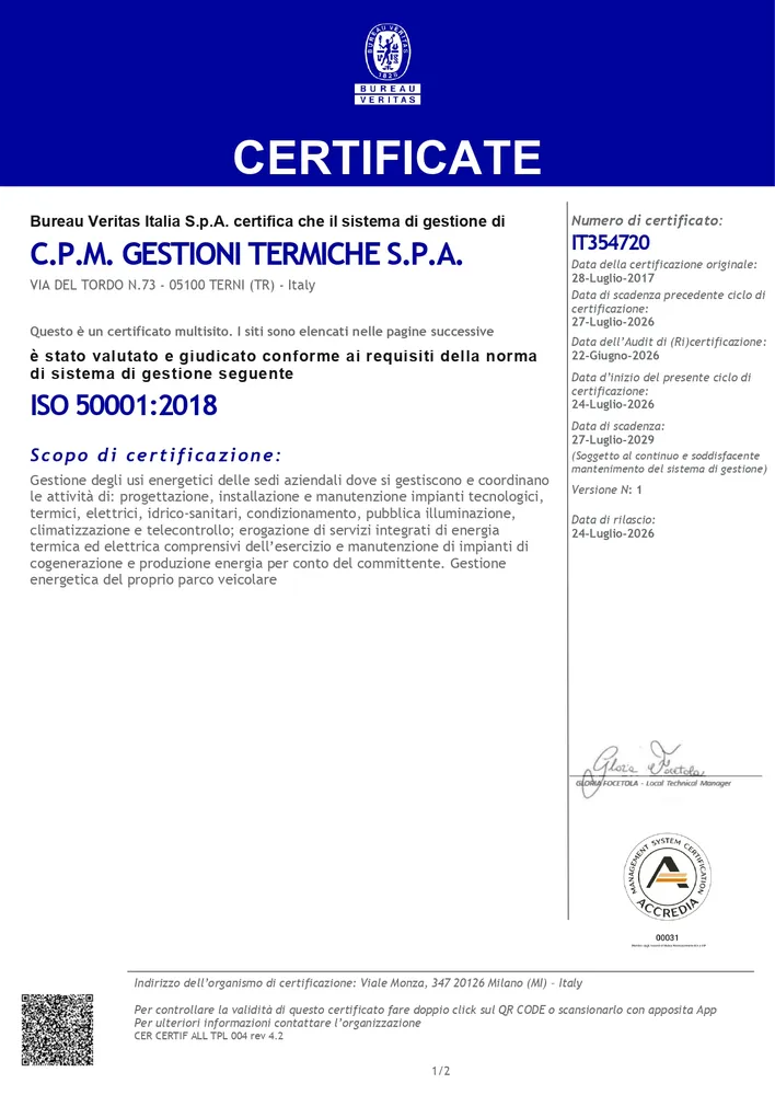 Certificazione ISO 50001:2018 Certificato Bureau Veritas