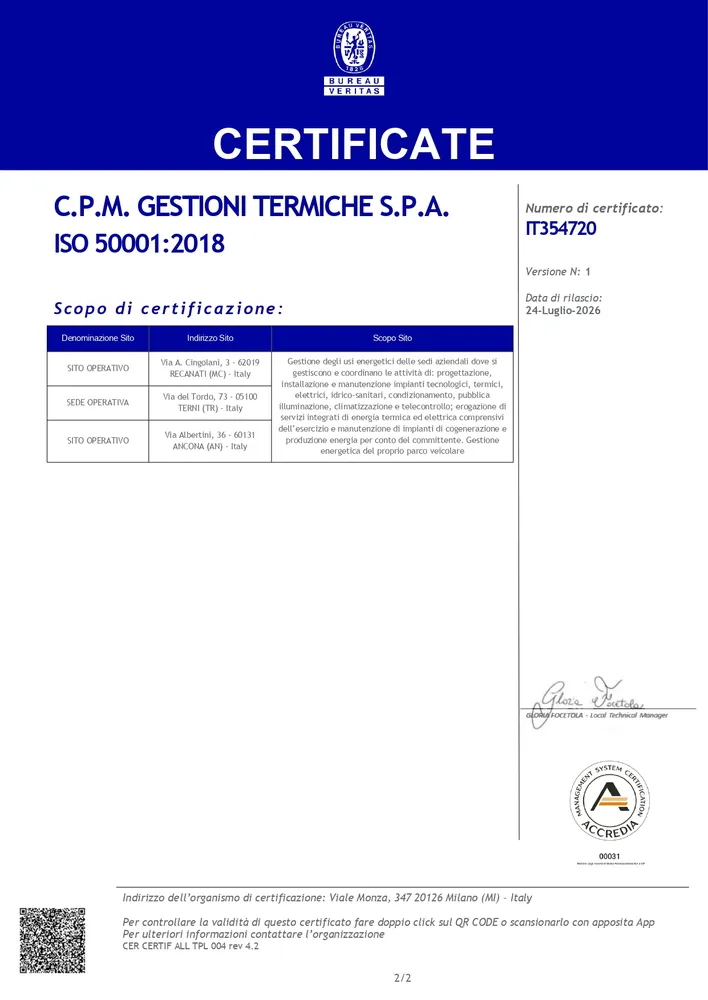 Certificazione ISO 50001:2018 Certificato Bureau Veritas