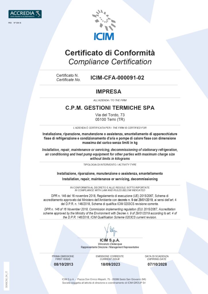 Certificazione F GAS:2013 Certificato ICIM