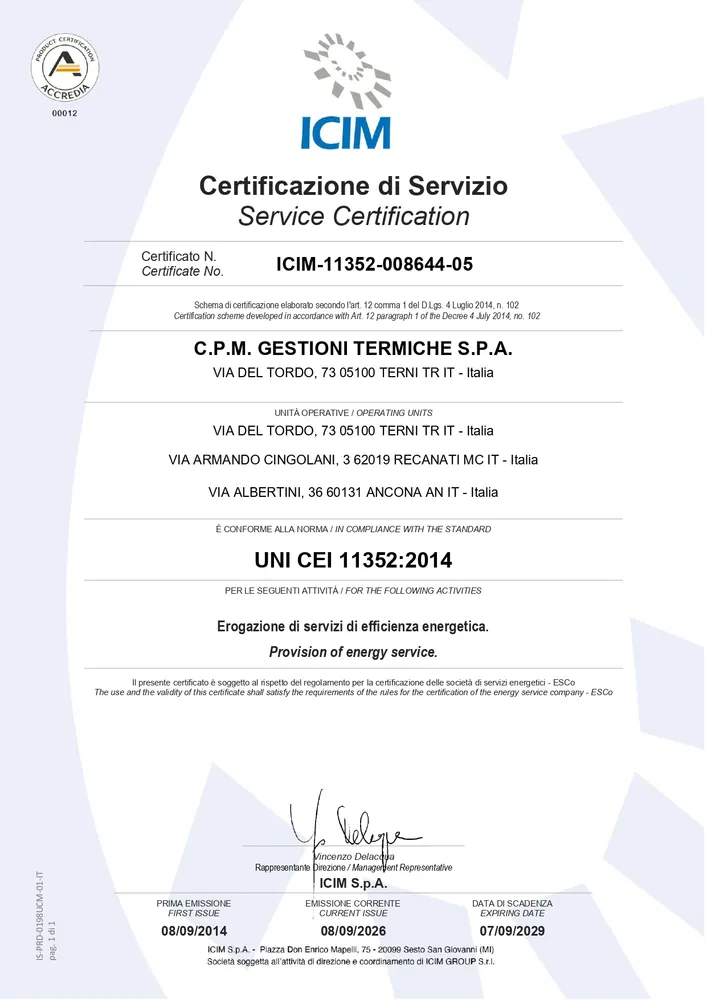Certificazione UNI CEI 11352:2014 Certificato ICIM