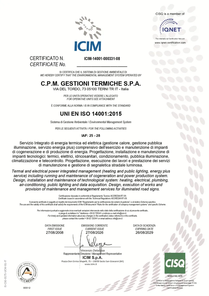 Certificazione ISO 14001:2015 Certificato ICIM