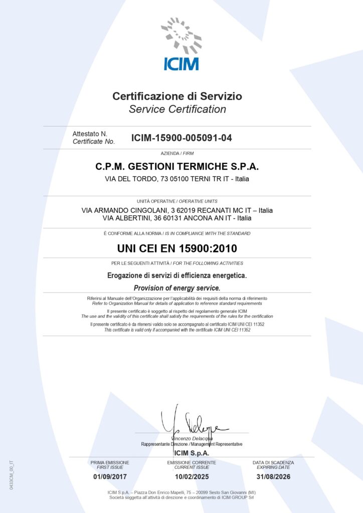 Certificazione UNI CEI EN 15900:2010 Certificato ICIM – Erogazione di servizi di efficienza energetica