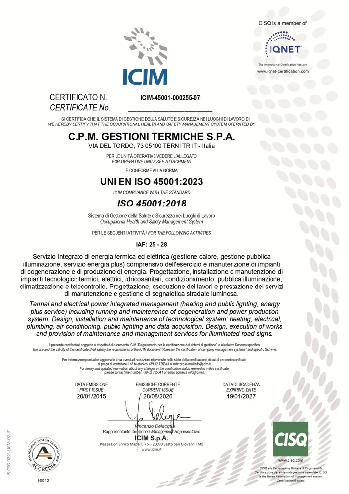 Certificazione UNI ISO 45001:2023 Certificato ICIM