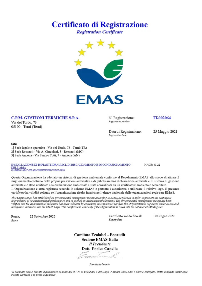 Certificato di Registrazione EMAS Certificato EMAS